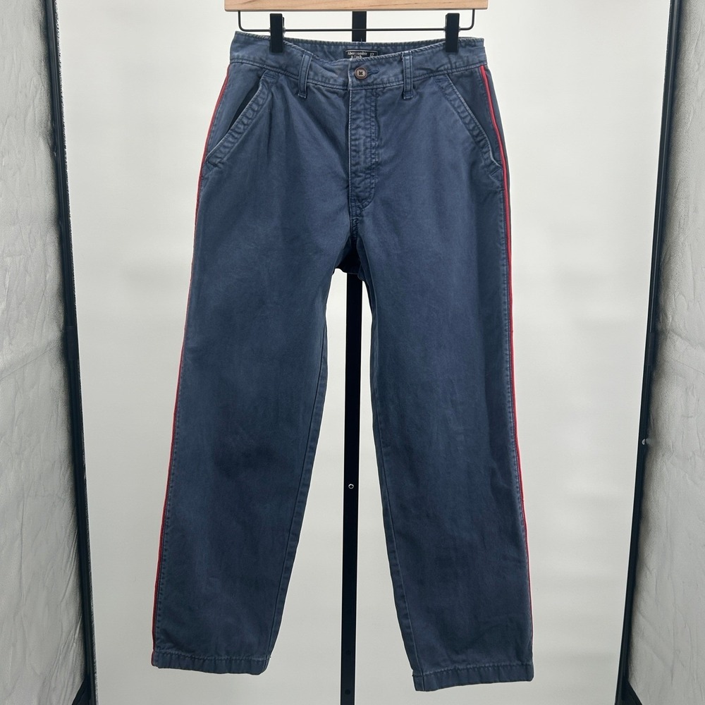 Abercrombie & Fitch High Rise Ankle Straight Chino Pants Red Side Stripe Blue